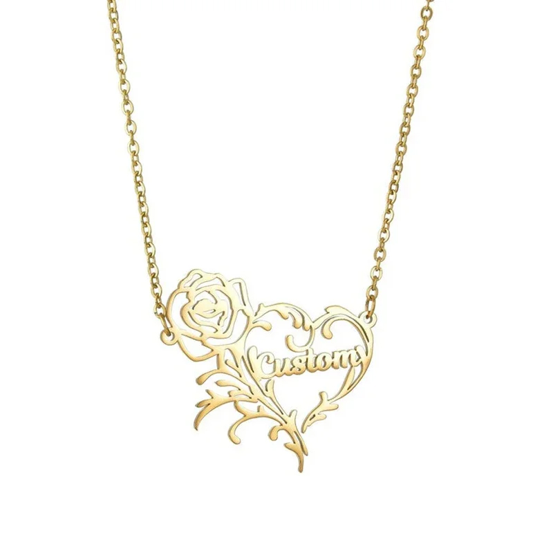 Custom Name Rose Heart Charm N - Birth Flower Necklace 评论和价格